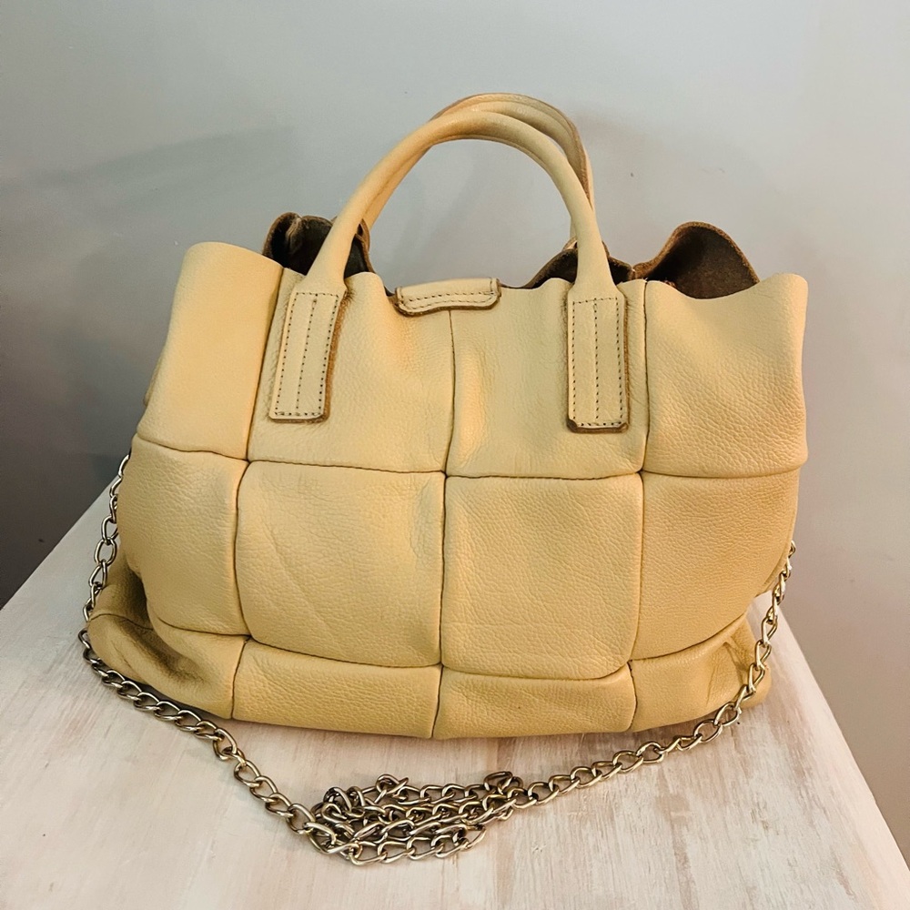 Pebbled Woven Leather Tote Bag in Pale Yellow